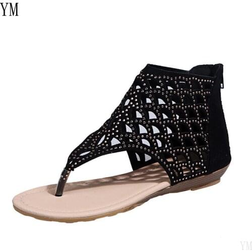Women Summer Flip Flops Beach Flat Heels Sandals Shoes Woman Vintage Crystal Hollow Out Sandalias Back Zip Mujer Sapato Feminino