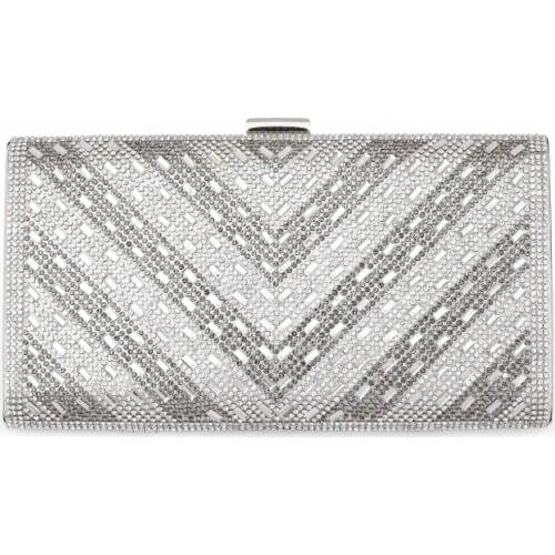 Woman Clutch Bag Metal Frame Evening Hard Case Hand Bag Sparkling Rhinestones V Shape Arrange Paillette Decor Shoulder Bag Gold