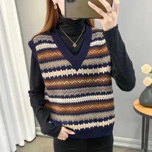 Spring Autumn New Korean Style Fashion Vest Coat For Women V-Neck Sleeveless Loose Oversize Knitwear Striped Waistcoat Female