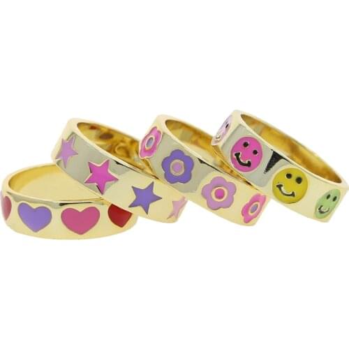 2021 New Arrived Women Girl Finger Jewelry Neon Enamel Heart Happy 6MM Width Gold Color Band Ring Wholesale