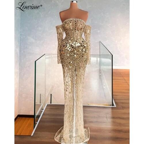 Lowime Robes De Soirée Luxury Gold Sequin Beaded Evening Dress Off Shoulder Saudi Arabia Long Party Gown Dubai Arabic Prom Dress
