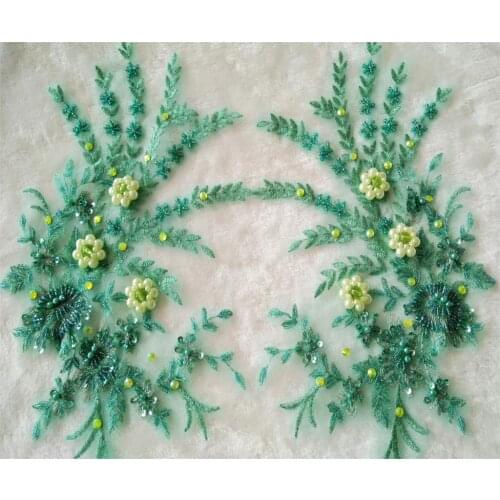 2019 green lace flower rhinestone beaded patches applique sew on patches for clothes bordados para costura 34*19cm