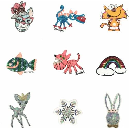 Large sequined embroidery big fish dinosaur deer dogs cats rabbit tiger rainbow cartoon patches for clothing DE-35