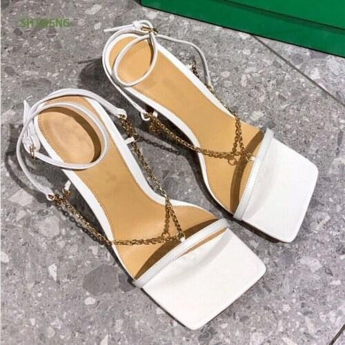 Square toe women High Heel Sandals Summer Mules Sexy Gold Chain Thin high heel Shoes ladies Rome Shoes 2021