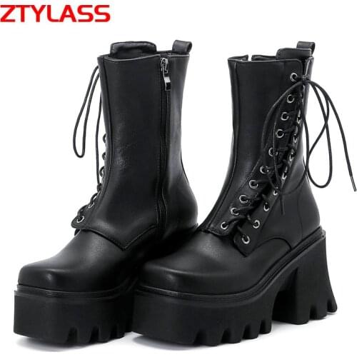 Fashion Platform Ankle Boots Punk Women Boots Lacing Chuky Heel Motorcycle Boots Squar Toe Zipper Autumn Winter Woman Shoes