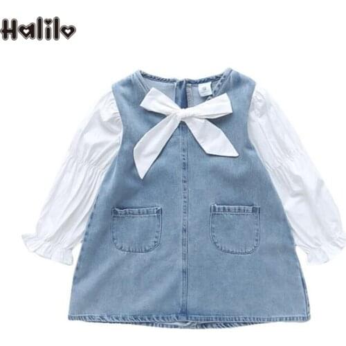 Halilo Girls Fall Dresses Blue Denim Long Sleeve Patchwork Boutique Kids Clothing Christmas Princess Costumes