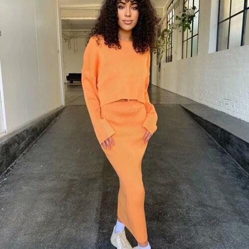 Klacwaya 2021 Women 2 Pieces Set Fashion Orange Knitted Short Top Long Sleeve Vintage Female High Waist Knitted Skirt Set