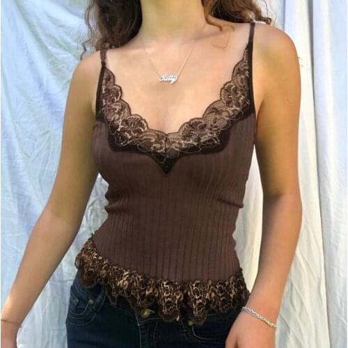 Lace Hem Brown Cyber Y2k Crop Top For Women Summer Sexy Sleeveless Harajuku Tank Tops Backless Indie Aesthetics Streetwear Women