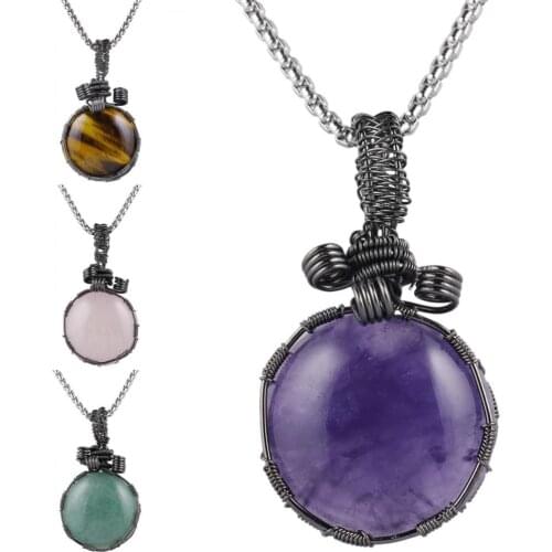 SUNYIK Handmade Copper Wire Wrapped Round Bead Crystal Gem Stone Pendant Healing Jewelry with Gift Box