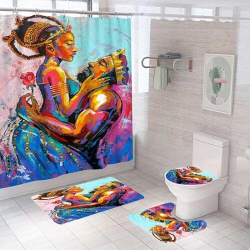 African American Girls Shower Curtain Set with Mat Rug Carpet Women Bathroom Partition Toilet Inspiration Home Decor Cortina