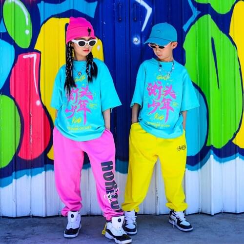 New Boys Loose Short Sleeved Hiphop Pants Outfits Girls Jazz Street Dance Wear Children Modern Dance Hip Hop Clothing DQS7339