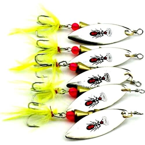 New design 200pcs spinner bait fishing bass baits 5.5g Fishing Lure Metal Bronze Fishing Spoon orange and yellow feather hook