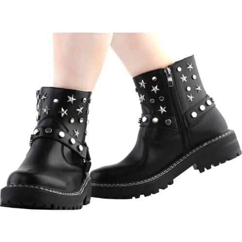 SHOW STORY Retro Black Star Studs Strap Combat Ankle Boots