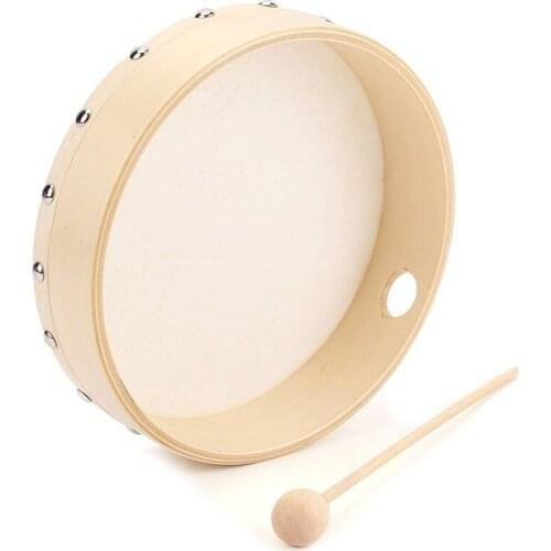 Portable Wooden Sheepskin Tambourine Drum with Drumstick Percussion Musical Educational Toy Instrument