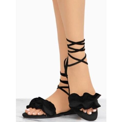 Beach Sandals Ruffles Round Toe Flat Heel Cross Tied Bandage Sandals Women Rome Shoes Sandals Summer Casual Shoes For Outdoor