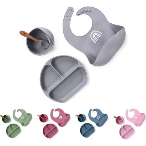 Silicone Baby Feeding Sets Baby Bib Suction Bowl Training Spoons BPA Free Tableware Set Self Feeding Supplies for Toddler Babies