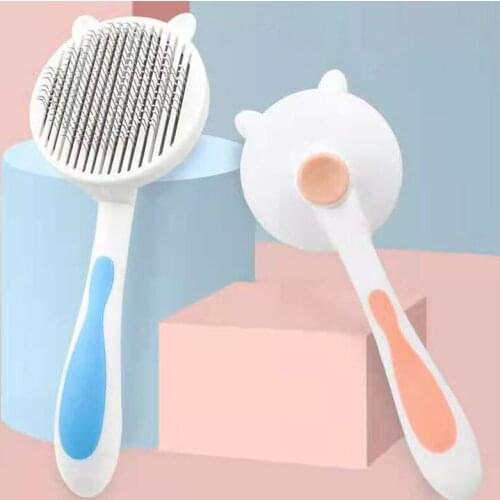 Dog Hair Removal Comb Stainless Steel Automatic Non-slip Brush with Massage Particles Cleaner Comb 8x20cm 3 Colors Pet Grooming