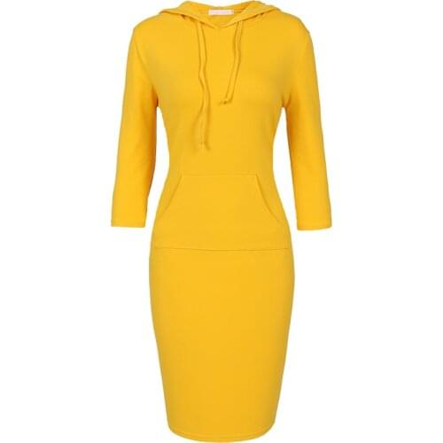Solid Color Hooded Drawstring Three Quarters Sleeve Dress Women Casual Pocket Plus Size Ladies Streetwear Cotton Pencil Dresses