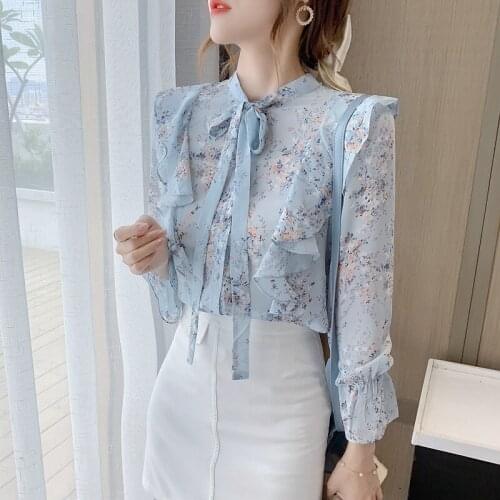Womens Blouse Chiffon Long Sleeve Top Fashion Ruffled Floral Blouses Blusas Mujer De Moda 2021 Verano