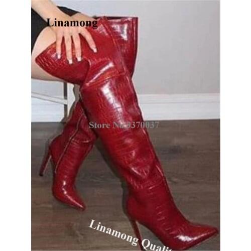 Linamong Women Fashion Pointed Toe Stiletto Heel Over Knee Boots Red Snake Leather Long High Heel Boots Club Dress Shoes