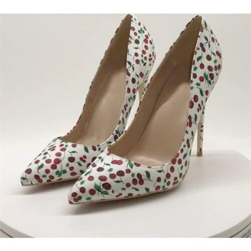 Red Cherry 12cm High Heels White Women Shoes Pointed Toe 10cm Women Pumps Party Dress Stiletto 8cm YG007 CHENSIR9