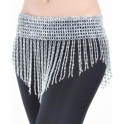 Women Belly Dance Clothes Costume Accessories Tassel Hip Scarf Stretchy Wrapp with Gold/silver Beads Fringes Belt