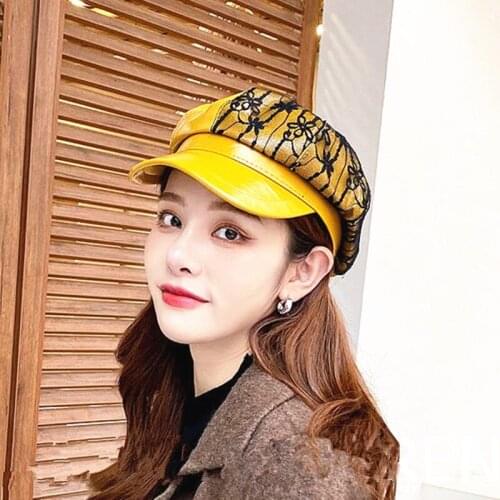 Winter women casual Solid hard visor beret cap Faux leather berets Artist hat Gilr lady Lace patchwork Pumpkin gorros