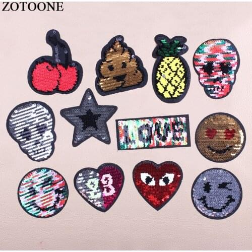 ZOTOONE Reversible Sequins Patch Iron On Skull Star Letter Cherry Patches For Clothes DIY Reversible Change Color Sequins D