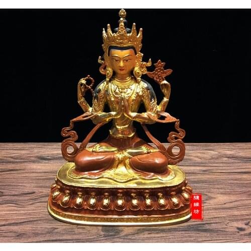 30CM LARGE -GOOD ---BUDDHIST BUDDHISM HOME FAMILY EFFICACIOUS PROTECTION BRASS FOUR ARM GUANYIN GOLD GOLD-PLATED BUDDHA STATUE