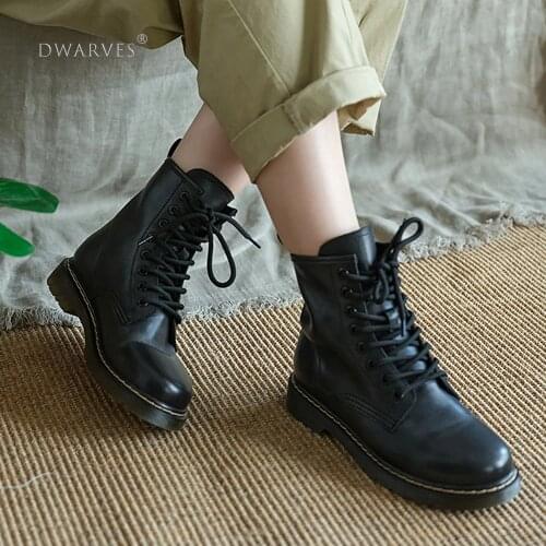 Handmade Classic Martin Boots Women Genuine Leather Lace-Up Oxfords Round Toe Chunky Ankle Booties Black