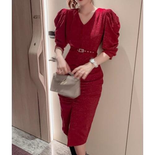 Spring Elegant V Neck Full Lantern Sleeve Draped with Belt Dress Bodycon Bandage Dresses Women Office Sexy Party Lady Vestidos