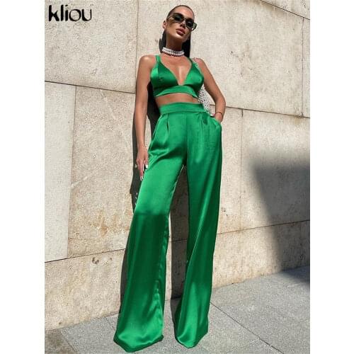 Kliou Elegant Casual Two Piece Set Women Silky Bandage Tank Tops+Wide Leg Pants Loose High Street Matching Outfit Trend Wearing