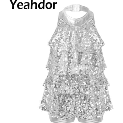 Girls Halter Shiny Sequins Shorty Unitard Dress Kids Ballet Modern Jazz Latin Dance Dancewear Children Performance Dance Costume