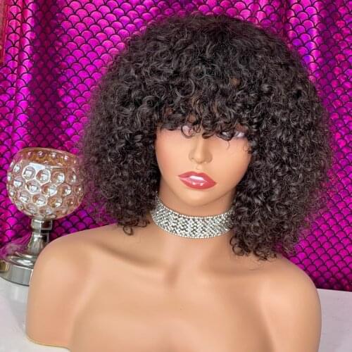 Jerry Curly Human Hair Wigs with Bangs Full Machine Made Wigs Natural Color Brazilian Non-remy Human Hair Wigs For Women 250