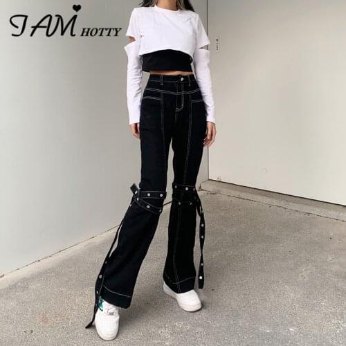 Y2k Eyelet Ribbons Fashion Patchwork Black Womens Flare Jeans Bandage Punk Baggy High Waist Oversize Pants Streetwear Iamhotty