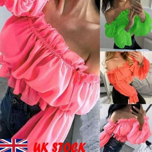 Fashion Women Sexy Bardot Crop Top Puff Long Sleeve Off Shoulder Ruffle Frill Blouse Dropshipping