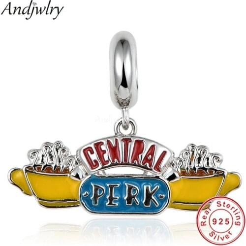 Real 925 Silver Friends Central Perk Coffee Fit Pandora Charms Original Bracelet 925 Siver Bangle DIY Jewelry Berloque