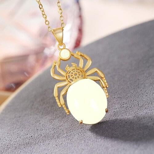 Natural Hetian Jade Spider Pendant Necklace 925 Silver Fashion Jewelry Chalcedony Amulet Gifts for Women