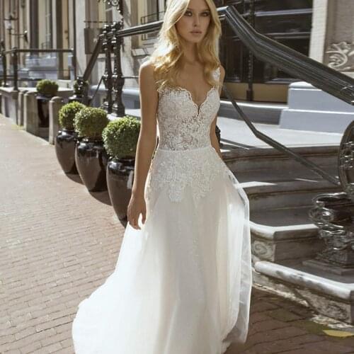 New V Neck Wedding Dress 2021White/Ivory/Champagne Floor Length Applique Open Back A Line Backless Bridal Gowns Vestido De Noiva