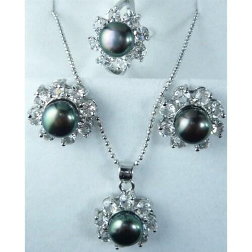 Wholesale good wholesale simple 12mm black shell pearl plated pendant earring and ring(# 6.7.8.9) jewelry set