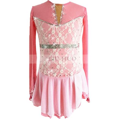 Figure Skating Dress Womens Girls' Ice Skating Dress Light pink High elastic spandex fabric lace Long sleeve angel