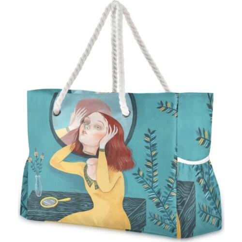 Beach Bags Women Luxury 2021 Oil Painting Leisure Tote Bag Linen Reusable Shoulder Bag Outdoor Beach Bag Large Leisure Tote Bag