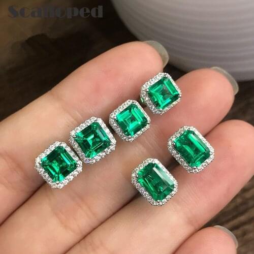 SCALLOPED Luxurious Square Green Zircon Stud Earrings 2021 New Designer Exquisite Ear Rings Women Statement Wedding Jewelry