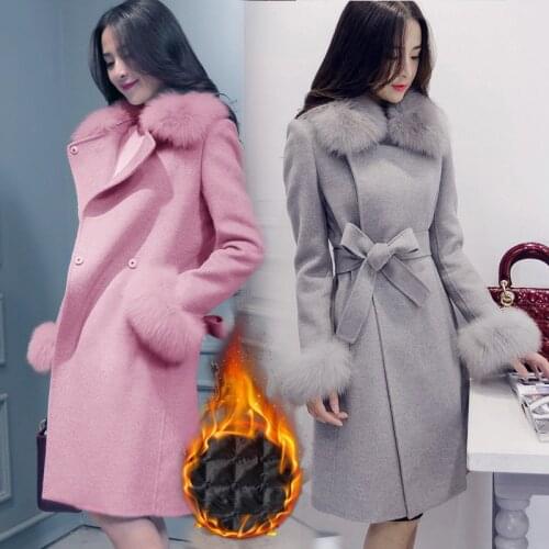 Pink Long Wool Coat Women Thick Eleagnt Winter Jacket Laides Vintage Belt Padded Outwear Cashmere Woolen Blend Korean Overcoat