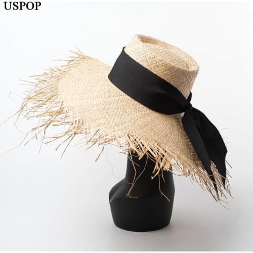 USPOP New Summer hats Women New style hand-knitted raffia fringe ring flat-top straw hat sunscreen beach raffia straw hat