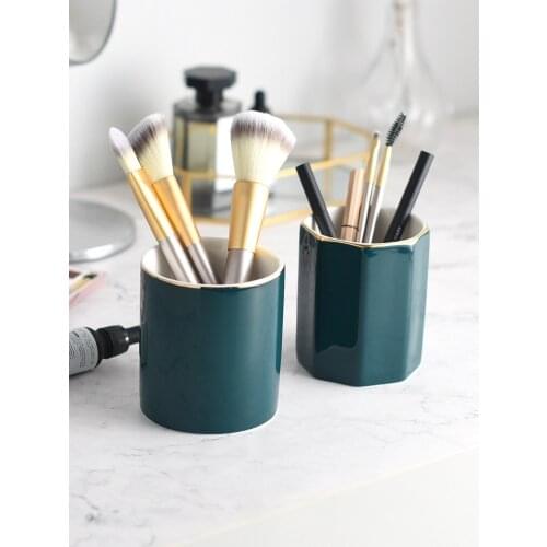 Nordic Home Office Desktop Decoration Gold Inlay Vintage Ceramic Pen Holder Organiser Desk Storage Cup For Cosmetic