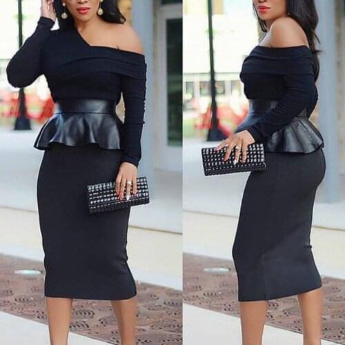 Sexy Women Dresses Off Shoulder Peplum Patchwork PVC Bodycon Officewear Long Sleeves Package Hip Black Plus Size XXL Female Robe