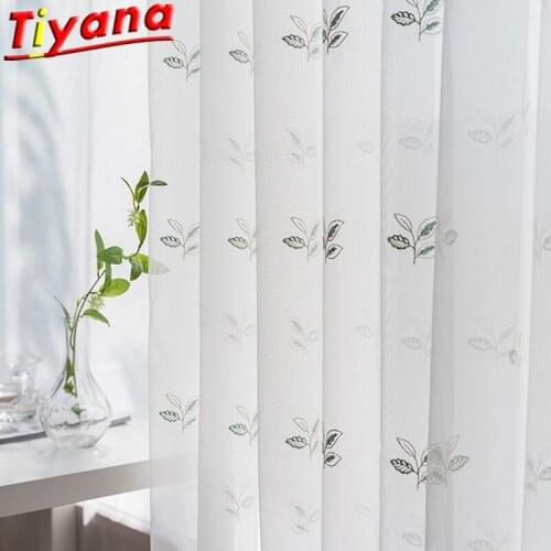 Green Small Leaf Embroidery Tulle Curtains for Living Room Leaves Yarn for Balcony Kitchen Partition Sheer Volie X-ZH329#VT