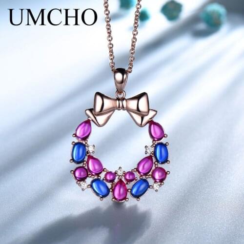 UMCHO Christmas 925 Sterling Silver Pendant Ladies Necklace Rose Red Morganite Charm Heart Pendant Ladies Gifts High Jewelry