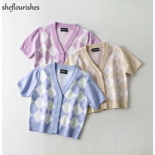 Vintage cardigan women korean short sleeve sweater kawaii clothes argyle sweater casual v neck top blue cropped cardigan purple